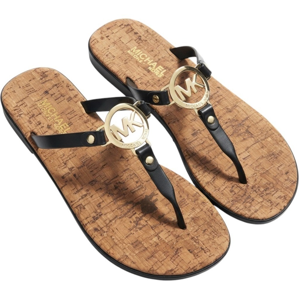 Michael Kors MK Plate Thong Sandals Black Cork Footbed Gold Logo Medallion Sz 7M